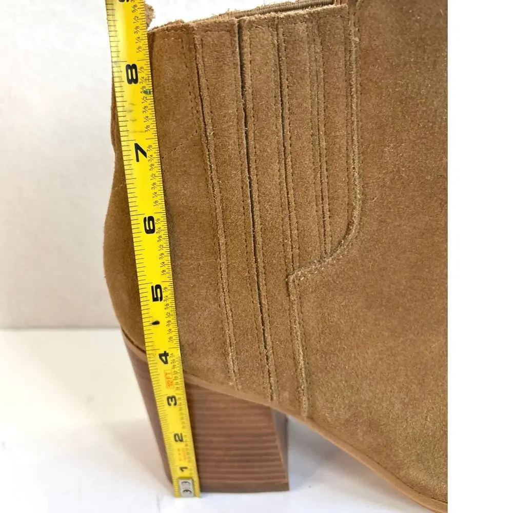 Marc Fisher Alva Camel Tan Suede Pointed Toe Block Heel Bootie Size 11